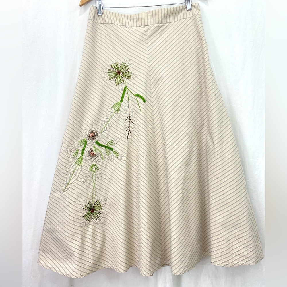 Susan Bristol Vintage Tan Pink Floral Embroidered A-line Skirt sz 10 Cottagecore